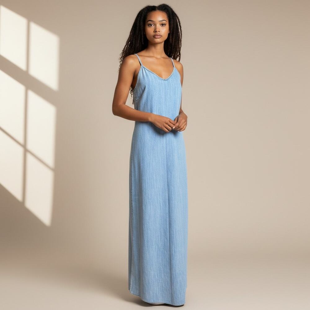 RTA Light Wash Denim Maxi Slip Dress Women's S Adjustable Straps Side Slit